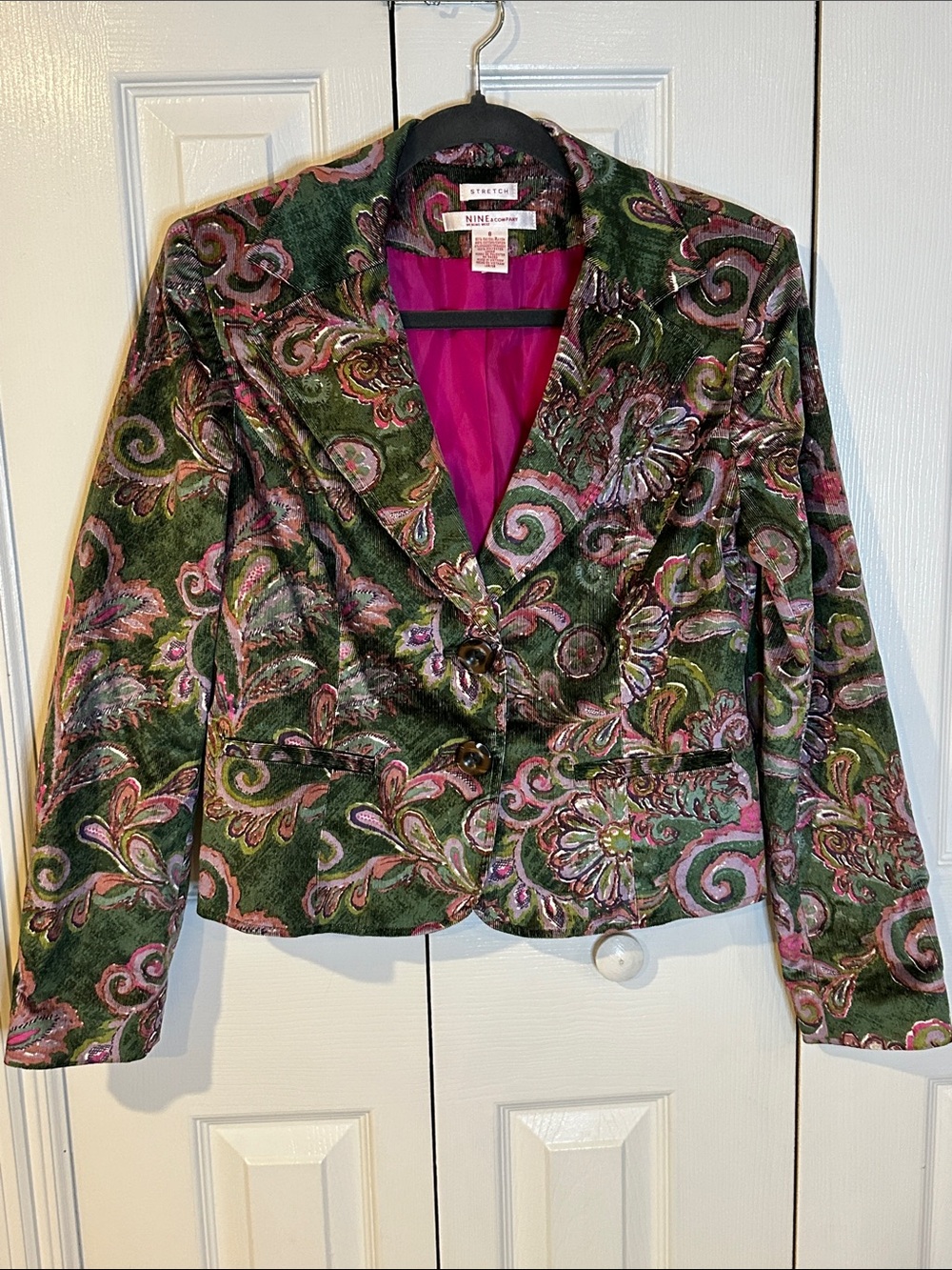 Nine West Green and Pink Brocade Notched Lapel Blazer | 8